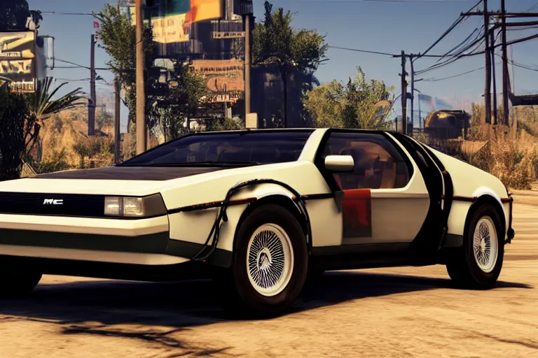 Image similar to 1 9 2 2 delorean by grand theft auto v, by red dead redemption 2, by cyberpunk 2 0 7 7