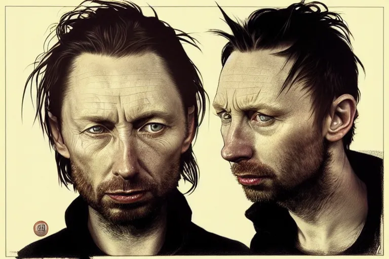 Image similar to hyper realistic portrait of thom yorke mixed with trent reznor, bigger forehead, bigger chin, from the side, by lee bermejo, alphonse mucha and greg rutkowski