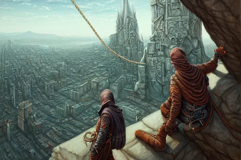 Image similar to landscape painting of a hooded thief in leathers using a rope to climb a tall building with a fantasy city, fine details, magali villeneuve, artgerm, rutkowski