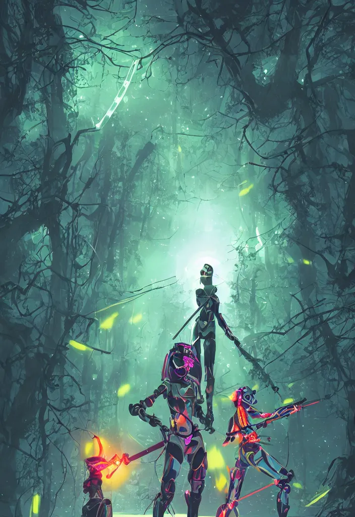 Prompt: , woman with illuminated katana and robot soldier with neon gloves fighting a shadow creature in the forest at night, grand scale , digital effects fantasy ,digital art, illustration, stylized, cel shaded