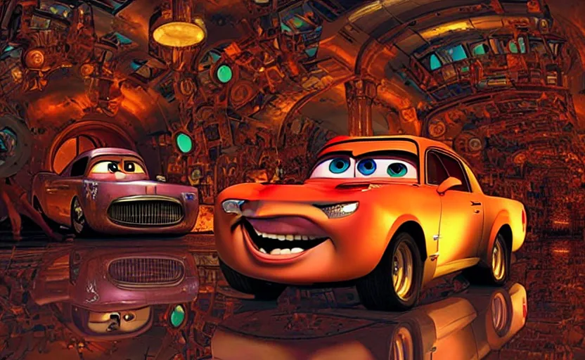 Image similar to mater from cars in a mirrored fractal hallway, romance novel cover, in 1 9 9 5, y 2 k cybercore, low - light photography, still from a ridley scott movie