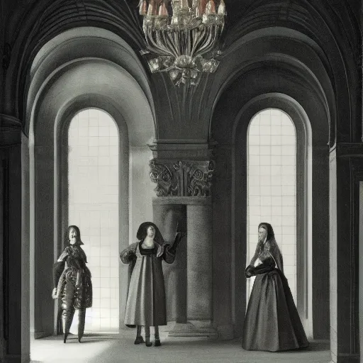 Image similar to fine art, oil on canvas. two women in a vast castle lobby wearing fine clothes, two men looking at one of her in the distance. dark room with light coming through the right side of the place. baroque style 1 6 5 6. high quality recreation of illumination shadows and colors, no distortion on subject faces.