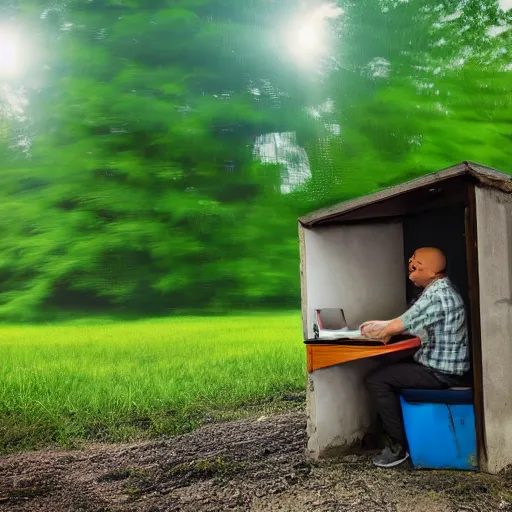 Image similar to a worker is sitting bored in front of a desk, it is inside a small cubicle which is completely surrounded by beautiful nature, bird perspective