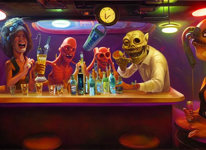 Image similar to crowded dive bar on a space station. an alien bartender serves a drink to a drunk human. painting by dan volbert and mandy jurgens and deiv calviz and lim chuan shin