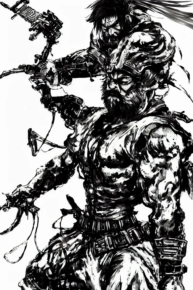 Prompt: a full - body portrait of guan yu, in yoji shinkawa's art style, metal gear solid art style, chinese caligraphy, highly detailed, 4 k, artistic, white background, b & w