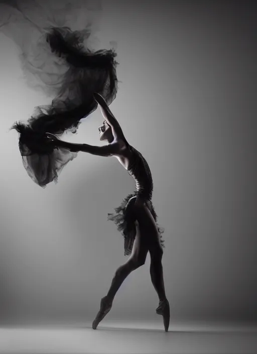 Image similar to a Photorealistic dramatic hyperrealistic render of a glamorous beautiful Female smoke dancer by Ken Brower and Deborah Ory of NYC Dance project,Lois Greenfield,Flowing cloth and smoke,Beautiful dynamic dramatic dark moody lighting,volumetric,shadows,cinematic atmosphere,Octane render,8K