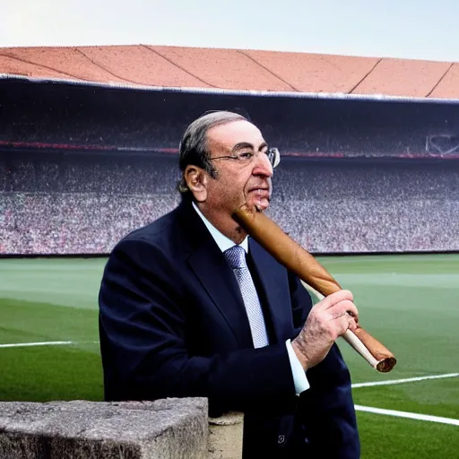 Image similar to high quality picture of florentino perez smoking a cigar, the camp nou burning in the background