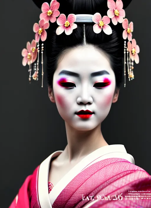 Image similar to Geisha photo portrait, beautiful makeup, pearlescent skin, elegant pose, highly detailed kimono, photorealism, artstation, different point of view, sharp focus, photorealistic, soft diffuse lights, canon 5D 50 mm lens, zen natural background, def of field