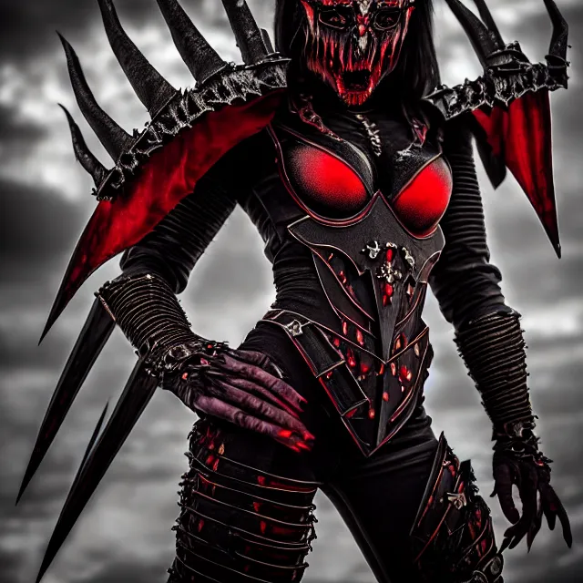 Prompt: full body photo of a vampire queen warrior wearing demonic armour, highly detailed, 4 k, hdr, smooth, sharp focus, high resolution, award - winning photo