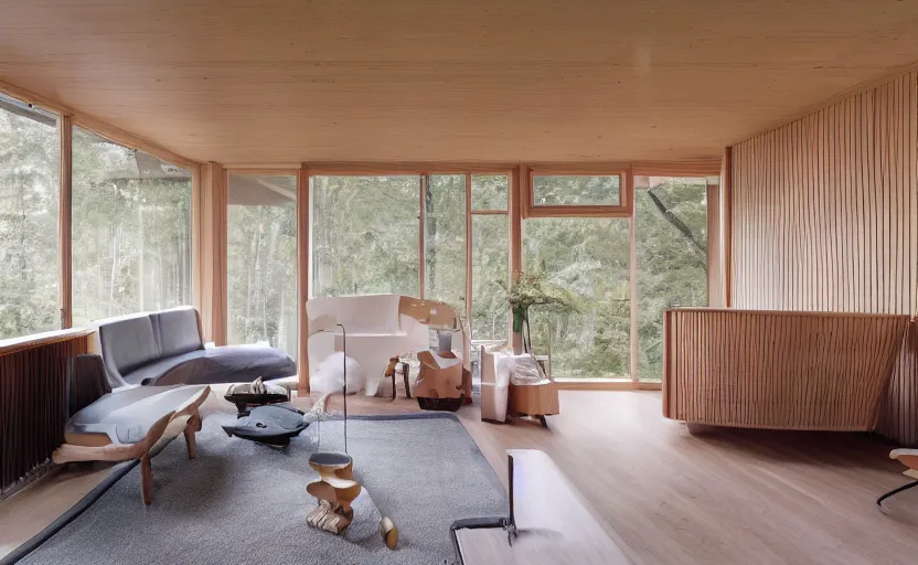 Image similar to luxurious wooden cottage by alvar aalto, modern japanese living room, japanese flower arrangements, coherent composition, architecturally accurate, architecture photography