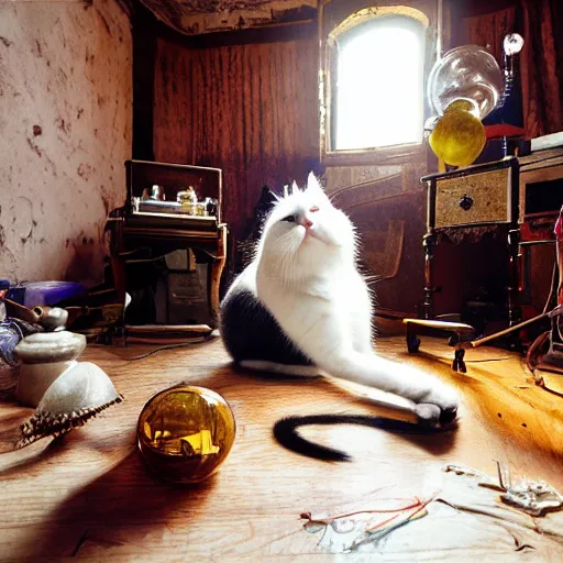 Image similar to full body protrait beautifull witch with white hair in old room. A cristal ball on a wood table with a potions and old instruments. A cat on the floor licking his paw. photorealistic, profesional photo, by Steve McCurry