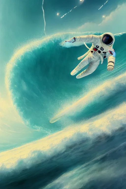 Image similar to a beautiful digital painting of an astronaut in a white space suit surfing the great wave on a surfboard by greg rutkowski, photorealistic, trending on artstation, highly detailed, intricate, unreal engine, octane render