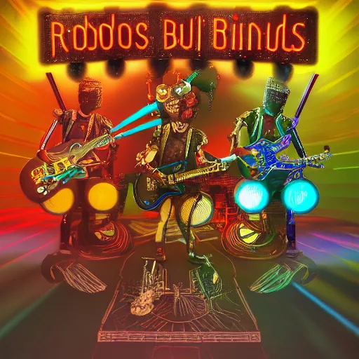 Prompt: album art, bandname is robos rock, rockband with 3 steampunk robots playing guitar and drums, 8 k, flourescent colors, halluzinogenic, multicolored, exaggerated detailed, front shot, 3 d render, octane