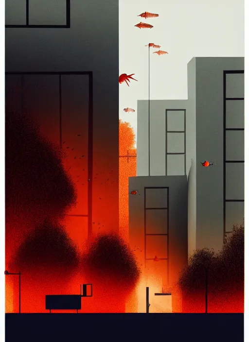 Prompt: city overgrowth on fire + a lone man + (((school of fish flying in the sky))) + (((habitat 67))), Mads Berg, Karolis Strautniekas, film noir, textured light, dramatic lighting,editorial illustration, detailed,fine texture, matte print, dark blue + dark orange, red, black, extreme perspective, volumetric