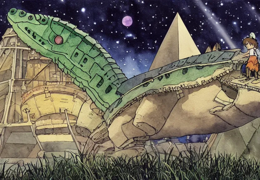 Image similar to a hyperrealist watercolor concept art from a studio ghibli film showing a giant beige mechanized crocodile from howl's moving castle ( 2 0 0 4 ). a pyramid is under construction in the background, in the rainforest on a misty and starry night. a ufo is in the sky. by studio ghibli