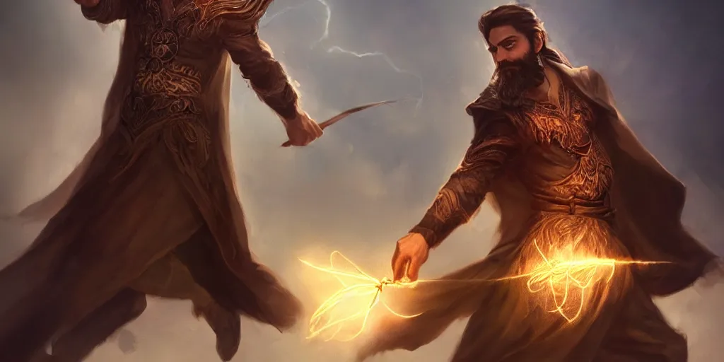 Image similar to a handsome brown hair bearded male sorcerer, he is casting a lighting spell, light rays, bloom, epic pose, epic composition, dramatic lighting, concept art, award winning, trending on artstation