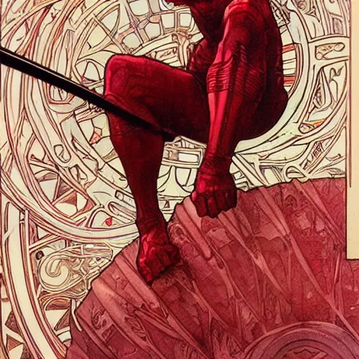 Image similar to daredevil costume designs, intricate, elegant, highly detailed, digital painting, smooth, sharp focus, illustration, art by alphonse mucha