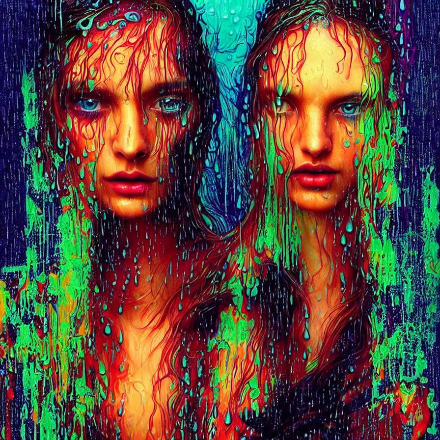 Image similar to bright asthetic portrait of LSD in rain with wet hair and face, liquid, fantasy, intricate, elegant, dramatic lighting, highly detailed, lifelike, photorealistic, digital painting, artstation, illustration, concept art, smooth, sharp focus, art by John Collier and Albert Aublet and Krenz Cushart and Artem Demura and Alphonse Mucha