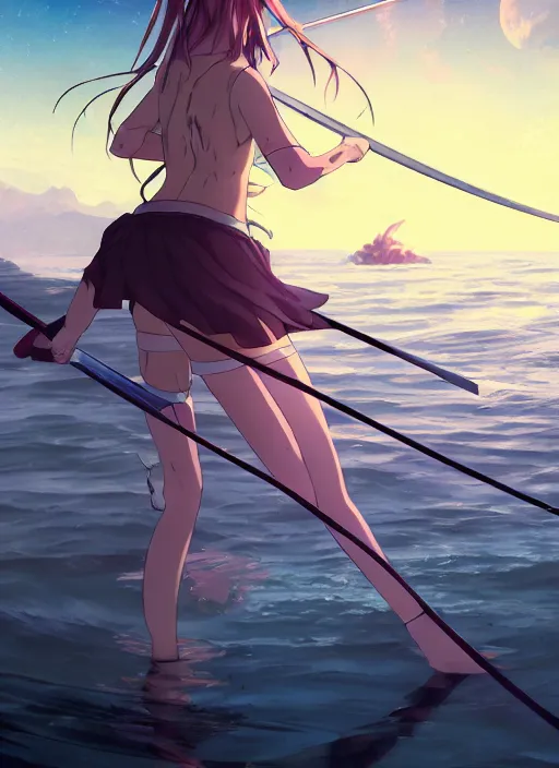 Prompt: anime girl with a katana walking on water, ripples, backdrop of dawn, saturn in the background, low angled illustration from demon slayer from genshin impact from jujutsu kaisen, concept art, anime, key visual, trending pixiv fanbox by wlop and greg rutkowski and makoto shinkai and studio ghibli