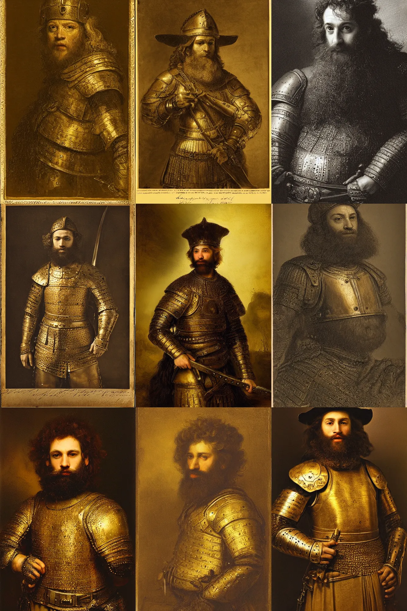 Prompt: portrait of a jewish warrior. rugged young man, very beautiful. intricate golden armour. cinematic lighting, highly detailed, full body shot. thick long beard. By Rembrandt.