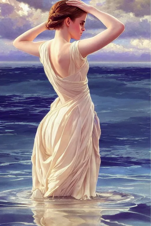 Image similar to a beautiful emma watson wearing a dress emerging from the water, oil on canvas, sensuality, artstation, by j. c. leyendecker and edmund blair leighton and charlie bowater, instagram photo