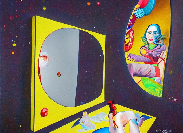 Image similar to a painting of a person looking in a mirror, a surrealist painting by Taro Okamoto, behance contest winner, pop surrealism, surrealist, cosmic horror, biomorphic