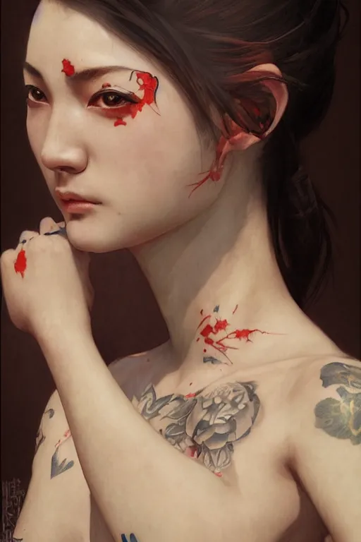 Image similar to portrait of yakuza girl with tattoo, highly detailed, digital art from artstation by Ruan Jia and Mandy Jurgens and Artgerm and william-adolphe bouguereau