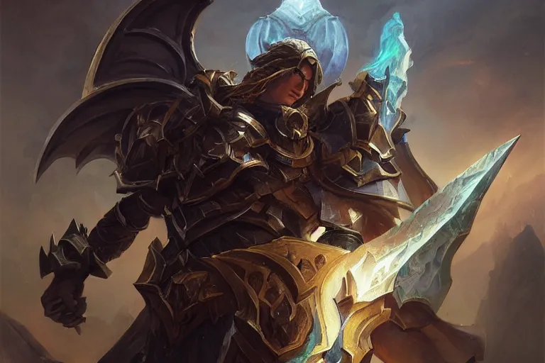 Prompt: a paladin with a dragonshield in the baroque era, league of legends art style, hearthstone art style, epic fantasy style art by Craig Mullins, fantasy epic digital art, epic fantasy card game art by Greg Rutkowski