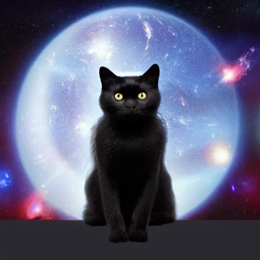 Prompt: ultrarealistic black cat, standing on a planet, galaxies background, powerful