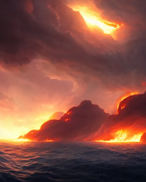 Image similar to matte painting,Epic scene, Fire Phoenix,sea,cloud,by greg rutkowski and Richard Lay,in volumetric lighting, Trending on artstation,HD