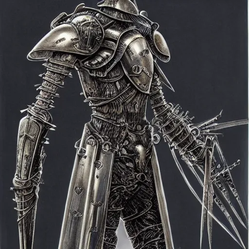 Image similar to a medieval styled cyborg armor, by hr giger, kentaro miura, wayne barlowe, bloodborne, dark souls, breathtaking, sense of awe, extremely detailed, intricate wiring,