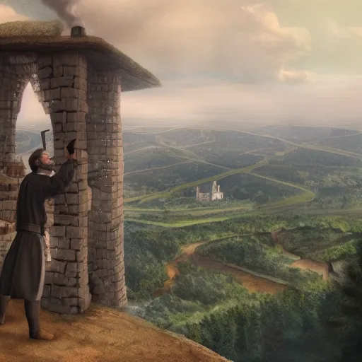 Prompt: matte painting of man holding steam deck gazing down from ivory tower at peasants