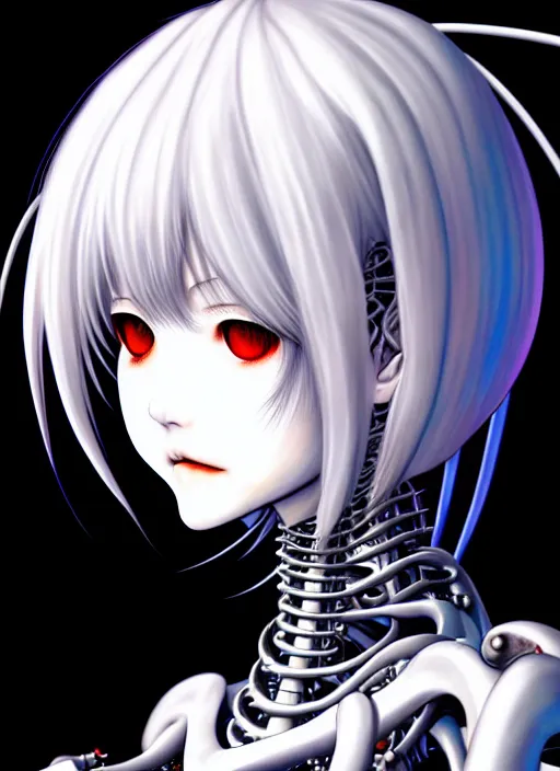 Image similar to Rei Ayanami by Yoshitaka Amano, by HR Giger, biomechanical, profile portrait, 4k, wide ayes, hyper detailed, hyperrealism, anime, a Blood Moon rising on a Broken World 4k very detailed deviantart artstation