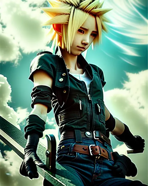 Image similar to cloud strife at starbucks, fantasy character portrait, ultra realistic, anime key visual, full body concept art, intricate details, highly detailed by greg rutkowski, ilya kuvshinov, gaston bussiere, craig mullins, simon bisley