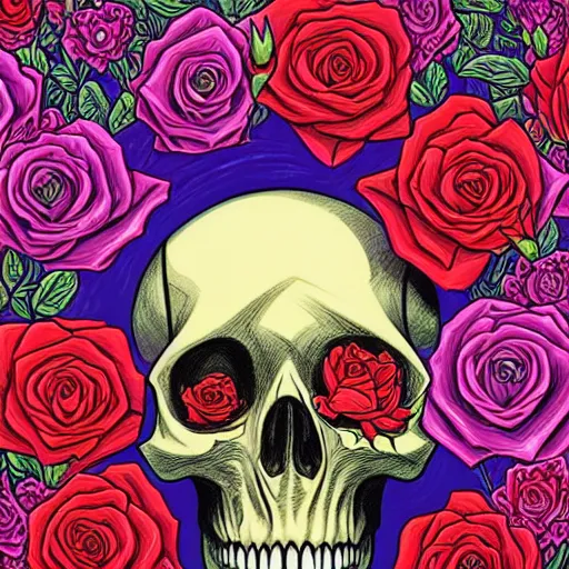 Image similar to ortographic view of a large skull and vivid roses by Jen Bartel and Dan Mumford and Satoshi Kon, gouache illustration