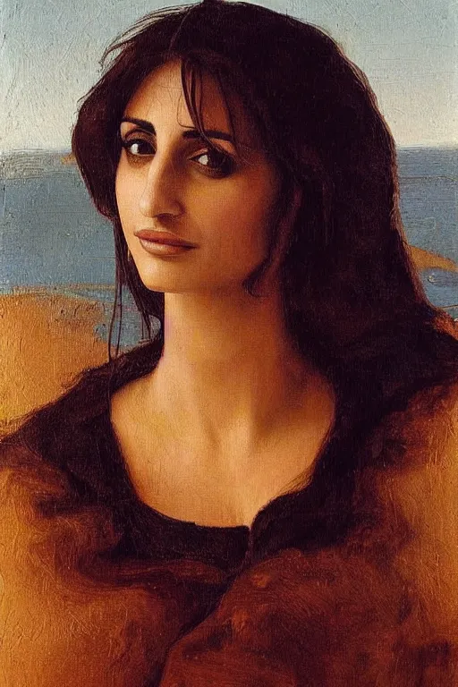 Image similar to oil painting, portrait of penelope cruz, artwork by leonardo da vinci