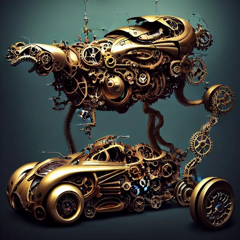 Image similar to biomechanical shiny steampunk vehicle reminiscent of very fast sportscar with robotic parts and (glowing) lights parked in ancient lush palace, gothic and baroque, brutalist architecture, ultradetailed, creepy ambiance, fog, artgerm, giger, Intricate by Ellen Jewett and Josan Gonzalez and Giuseppe Arcimboldo