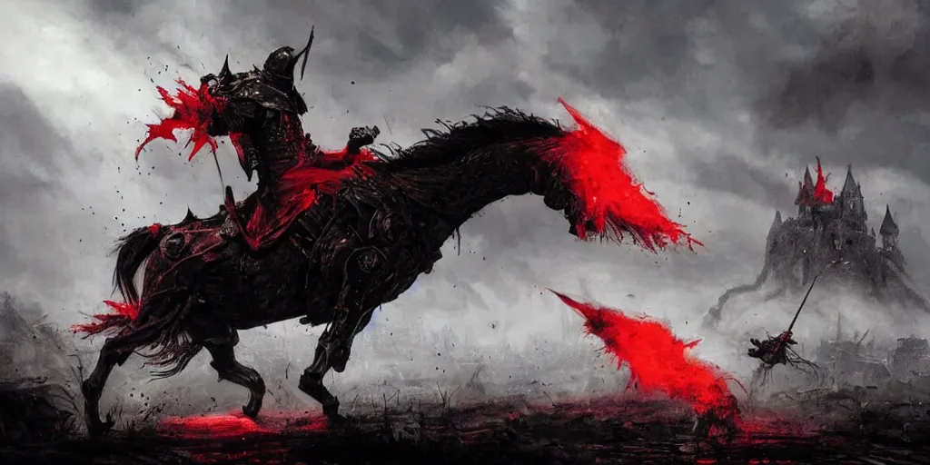 Image similar to a angry knight in full plate of black armor, splattered with blood, riding a large black war horse, with red glowing eyes flowing red mane and tail, blackened clouds cover sky, crackling with lightning, a castle in distance burns, concept art by greg rutkowski, craig mullins, todd mcfarlane,