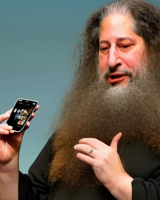 Image similar to Richard Stallman demonstrates the new iPhone during Apple keynote presentation