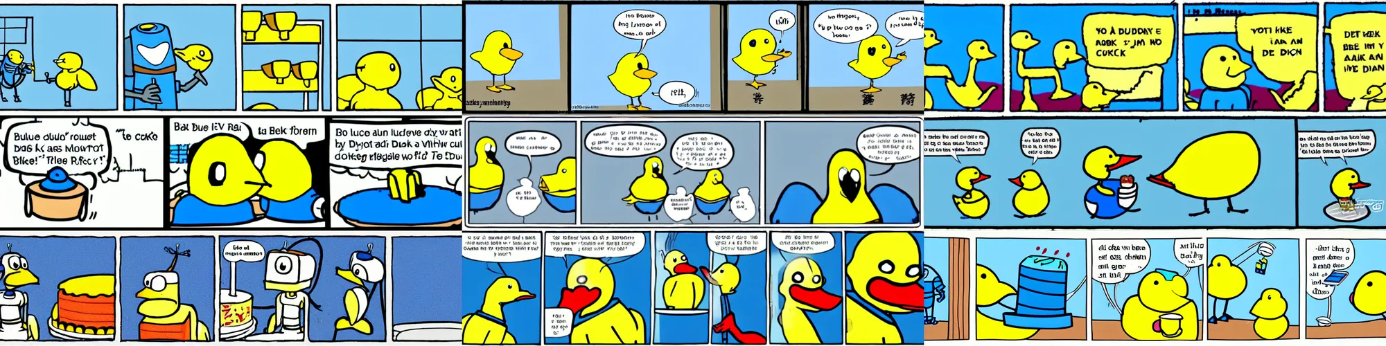Prompt: short cartoon strip, blue robot bakes a cake for yellow duck,
