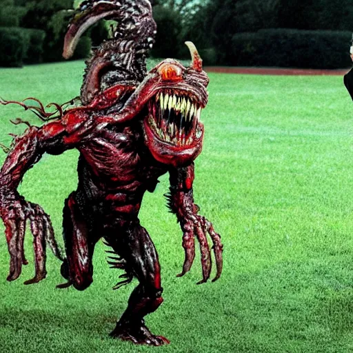 Image similar to joe biden is being chased by a monster from predator on the white house lawn