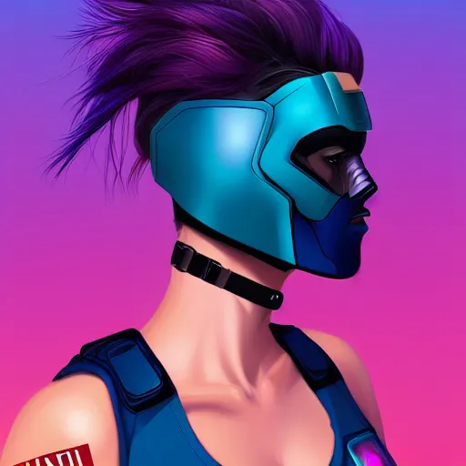 Image similar to a stunning upper body portrait of a beautiful young woman wearing futuristic navy blue and teal battle bodyarmor, ombre purple and pink hairstyle, hair blowing in the wind by marvel comics, digital art, trending on artstation