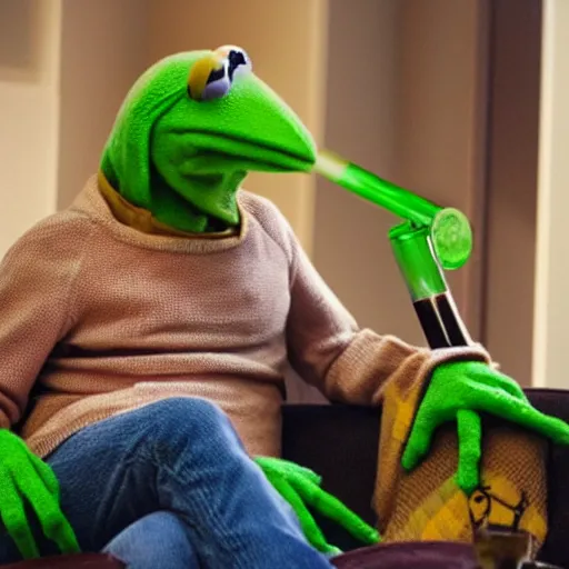 Image similar to candid photo of kermit the frog sitting on the couch smoking out of a bong, ted ( 2 0 1 2 ) bong scene, kermit the frog, high resolution photo, trending on artstation, interior design