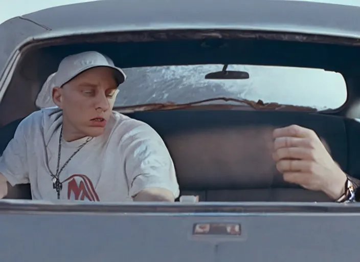 Image similar to a very high resolution image from a new movie, eminem driving a car. inside of a car. alone. mountains, directed by wes anderson