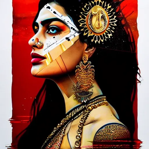 Image similar to portrait of pakistani woman :: side profile :: in ocean :: clockwork details :: gold :: blood and horror :: by vikings and Sandra Chevrier