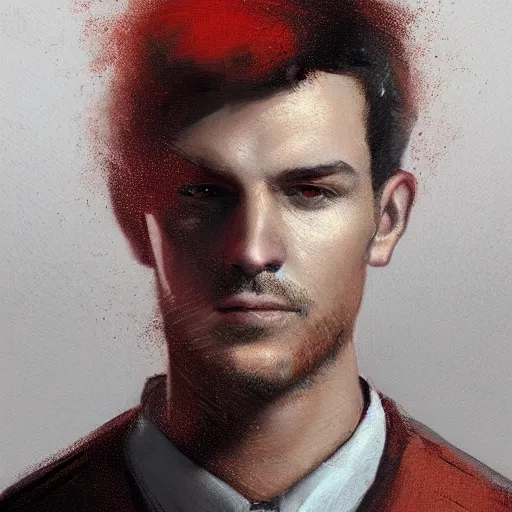 Image similar to Portrait of a man by Greg Rutkowski, he is about 20 years old, copper short hair, his features are a mix between Scottish and Arabian, strong and tall, cool dad vibes, he is wearing utilitarian red and black jumpsuit, highly detailed portrait, digital painting, artstation, concept art, smooth, sharp foccus ilustration, Artstation HQ.