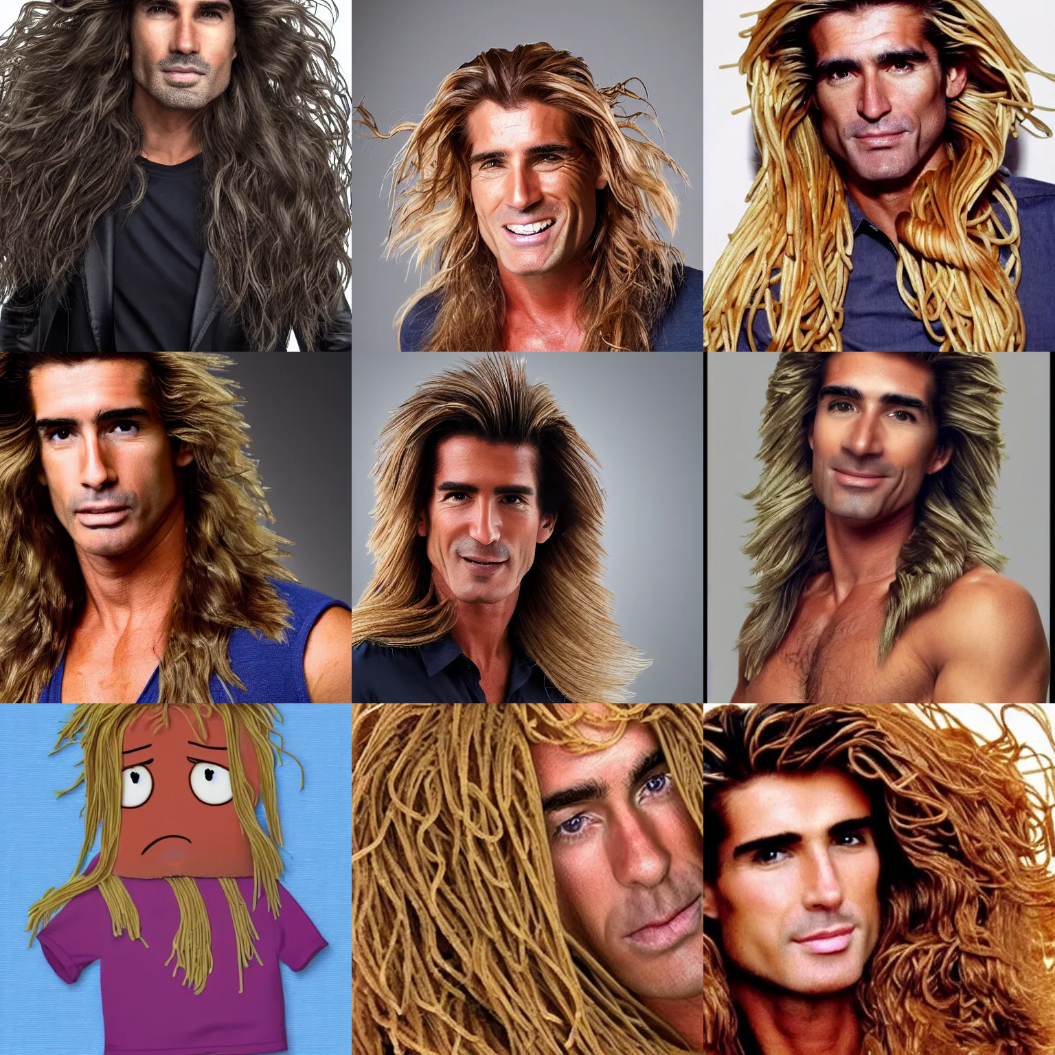 Prompt: fabio but his hair is made of spaghetti