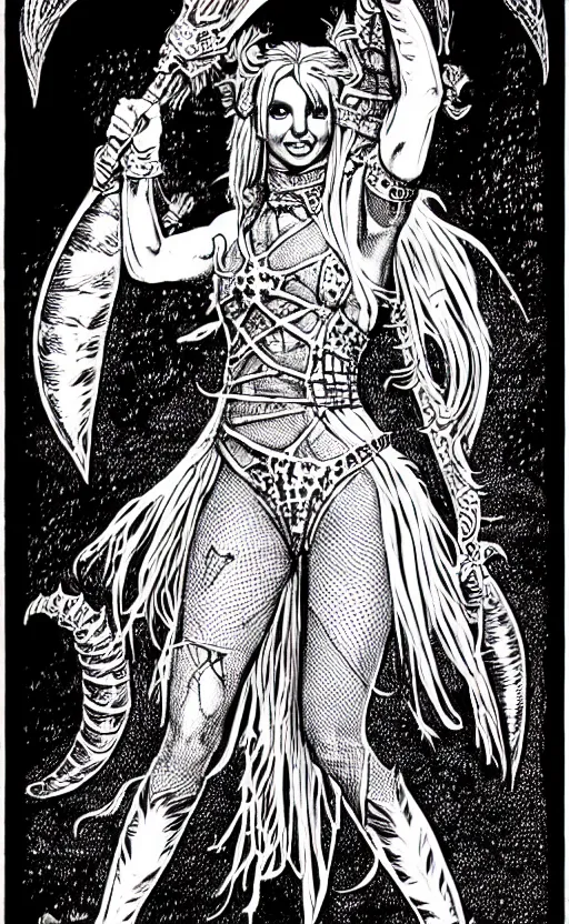 Image similar to britney spears as a d & d monster, full body, pen - and - ink illustration, etching, by russ nicholson, david a trampier, larry elmore, 1 9 8 1, hq scan, intricate details, inside stylized border