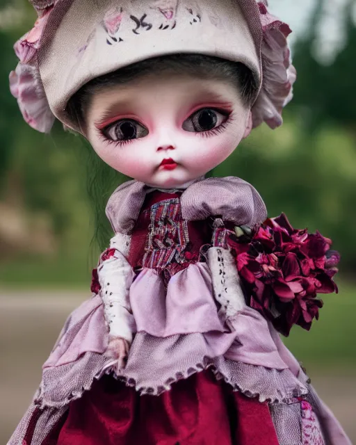 Image similar to high quality presentation photo of a cute pocelain doll, Mark Ryden style,, photography 4k, f1.8 anamorphic, bokeh, 4k, Canon, Nikon