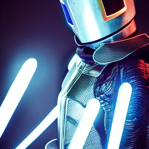 Image similar to photo of a futuristic knight cyberpunk, realistic, neon light, smoke, detailed